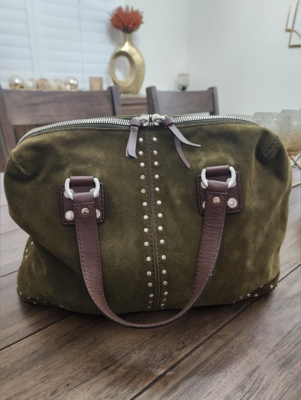 Michael Kors Olive Green Suede Silver Studded Handbag Astor Collection - Picture 2 of 13